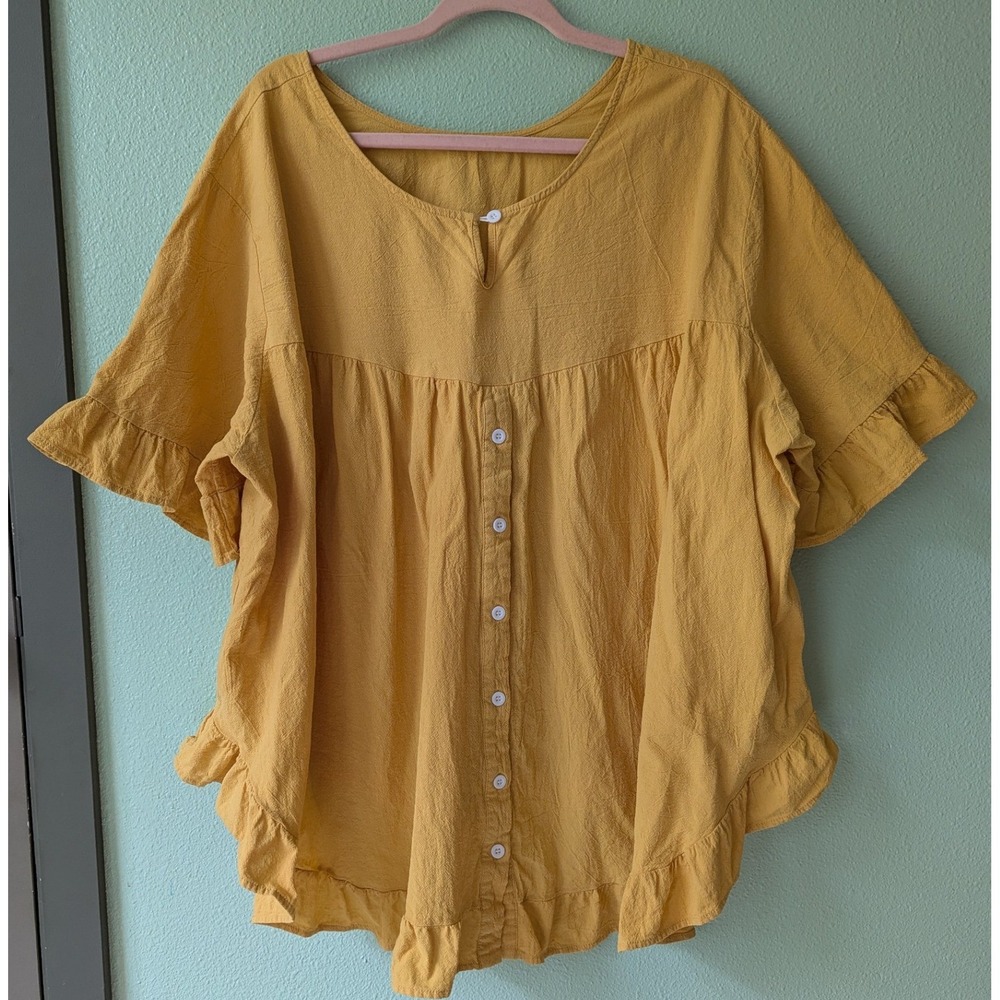 Mustard Yellow Ruffle Trim Babydoll‎ Short Sleeve Button Front Top Oversized